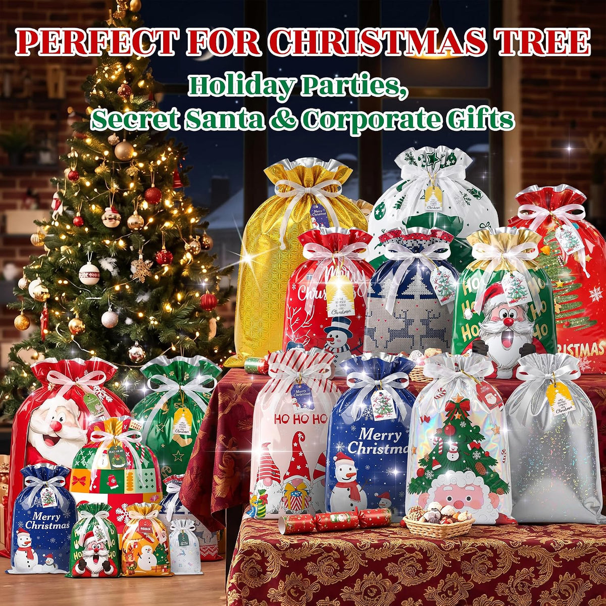 40PCS Christmas Drawstring Gift Bags, 5 Size Large Medium Small