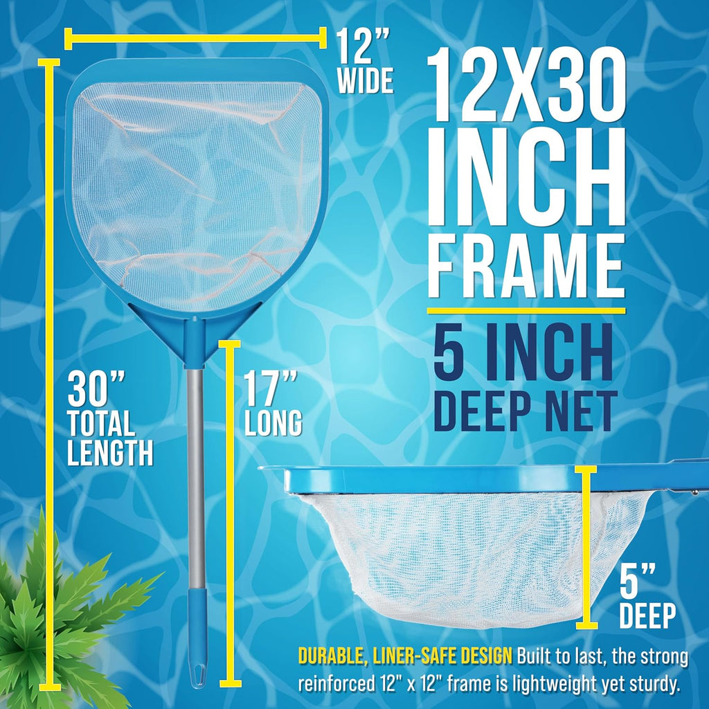 Pool and Spa Skimmer Net with Pole, 30" Long Handheld Fine Mesh Pool Skimmer Net - Hand Held Spa, Hot Tub, Pond