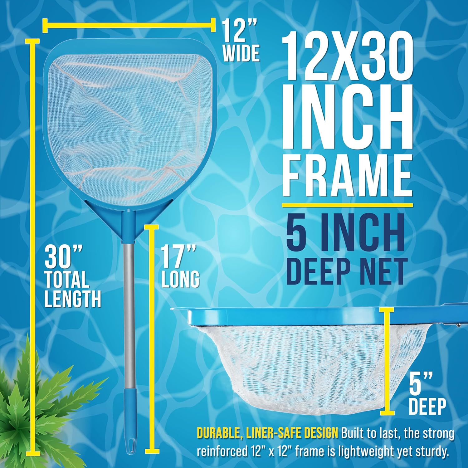 Pool and Spa Skimmer Net with Pole, 30" Long Handheld Fine Mesh Pool Skimmer Net - Hand Held Spa, Hot Tub, Pond