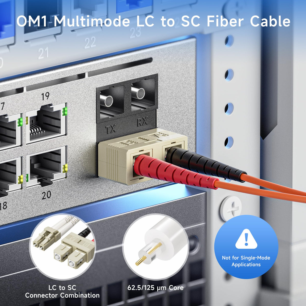 10Gb OM1 SC to LC Plenum Fiber Optic Cable, 9.8ft / 3m