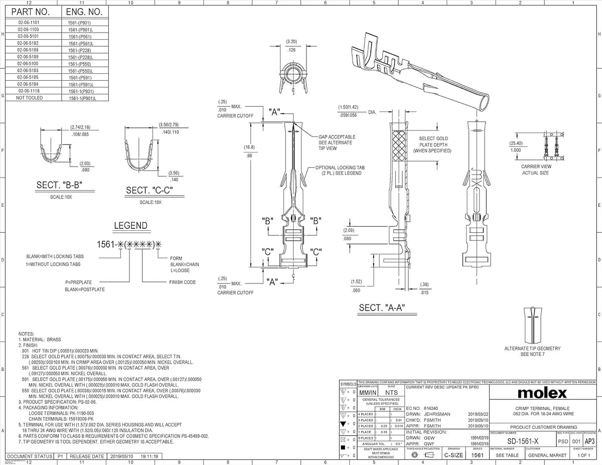 Molex Pin, Male & Female .062" 18-24 AWG, Series 1561 Tin (Sn) Plated Brass Contact (20 Pair)