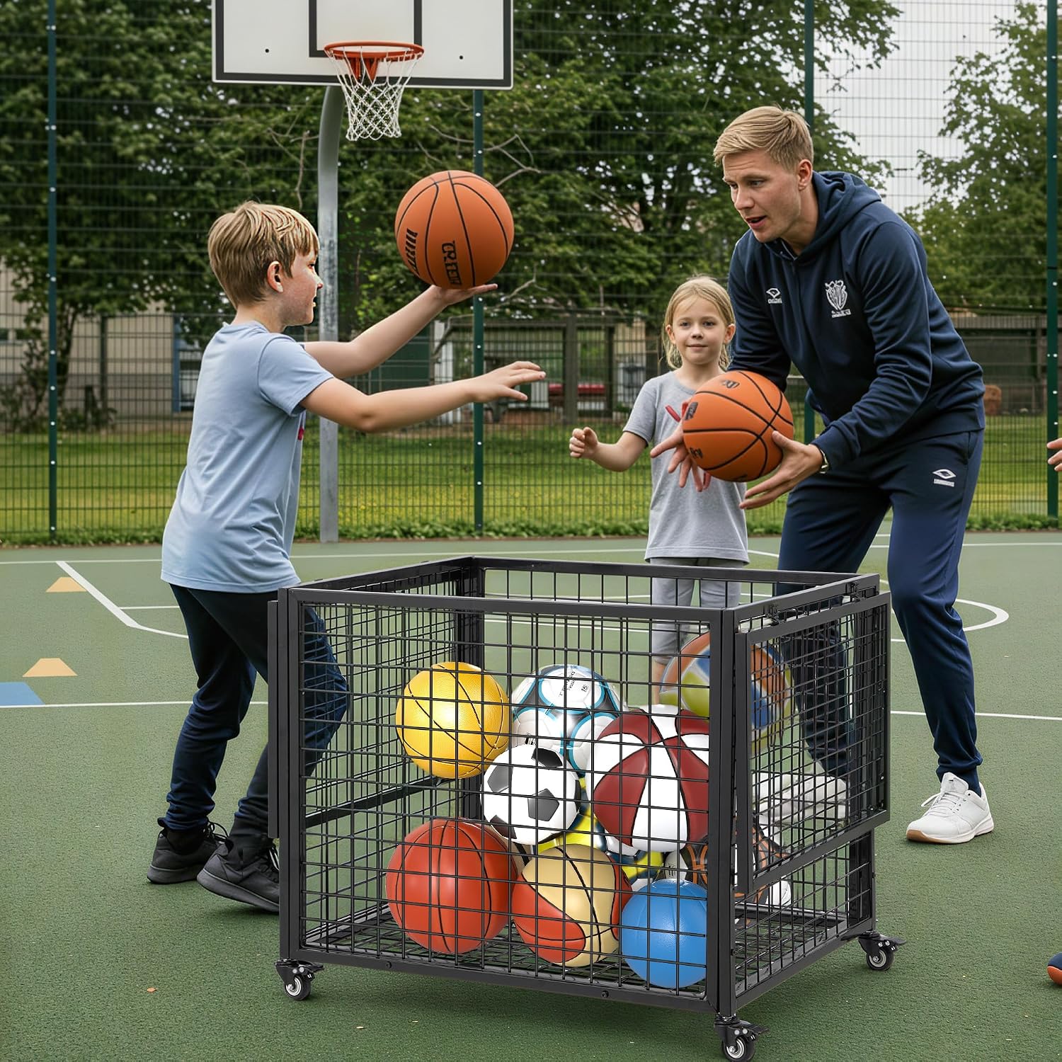 Ball Cart, Basketball Storage with Wheels | Large Storage Capacity, Reinforced Steel Frame, Upgraded Lockable Wheels