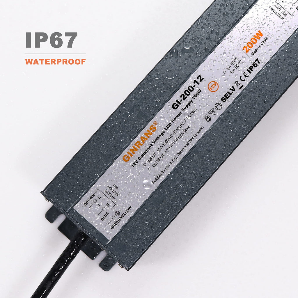 200W IP67 Waterproof Constant Voltage LED Driver Power Supply Transformer, 100-130V AC Universal Input with Plug