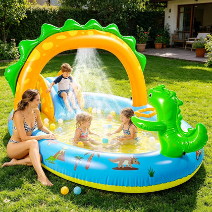 2026 Inflatable Dinosaur Play Center Kiddie Pool with Slide and Sprinkler for Children, Toddler Blow Up Splash Pad