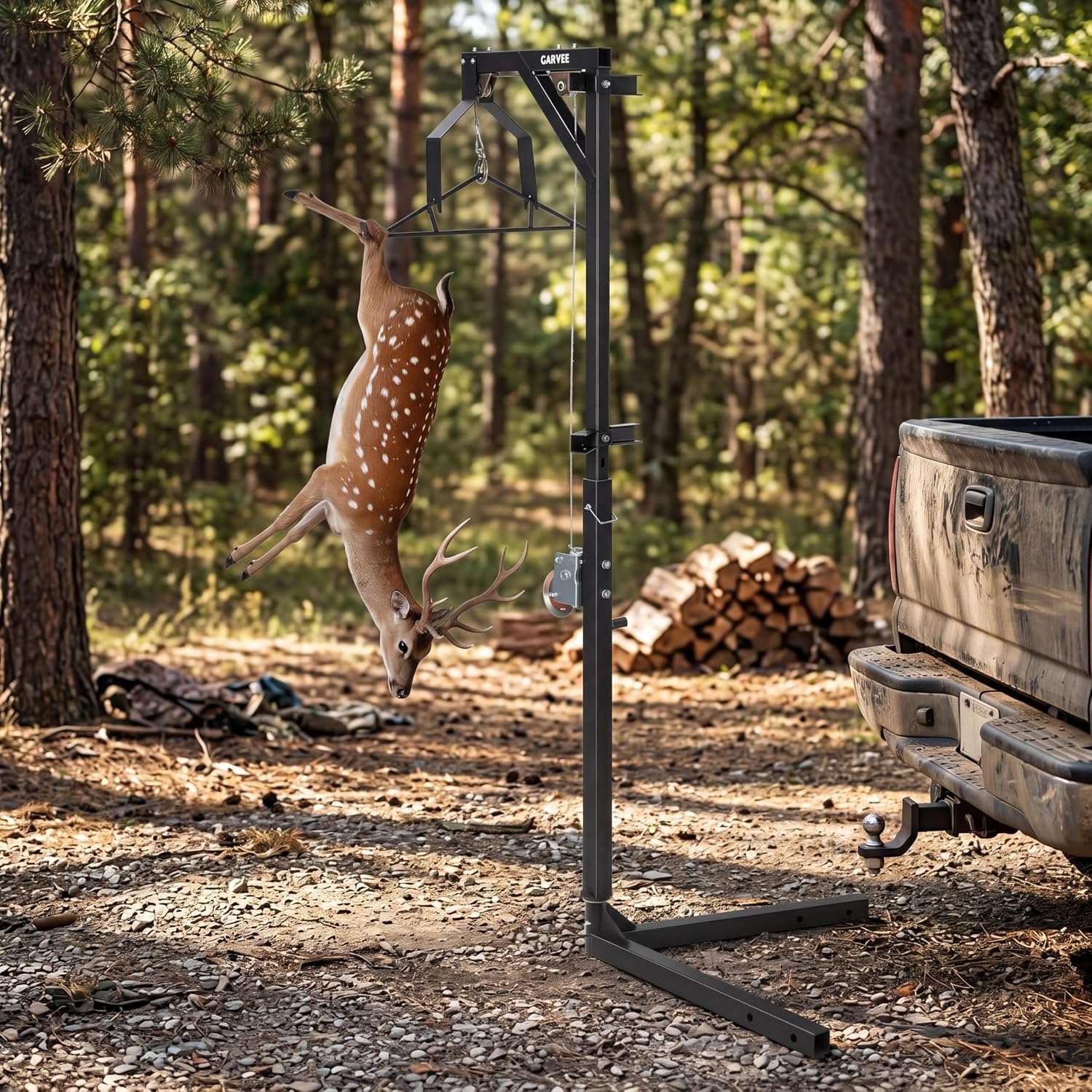 Heavy Duty Deer Hoist with Gambrel & Winch, 500LB Capacity, 360° Swivel, Adjustable 2'' Truck Hitch Mount Game Lifter
