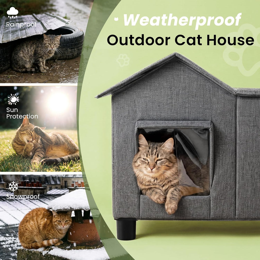 Outdoor Cat House Weatherproof Elevated Cat Bed, Grey, Large