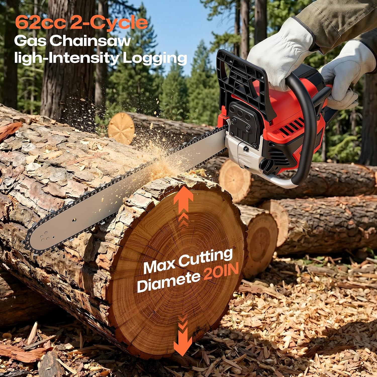 62CC 2-Stroke 20 Inch Top Handle Gas Chainsaw, Top Handle Gas Powered Chainsaw Petrol Handheld Cordless Chain Saw for