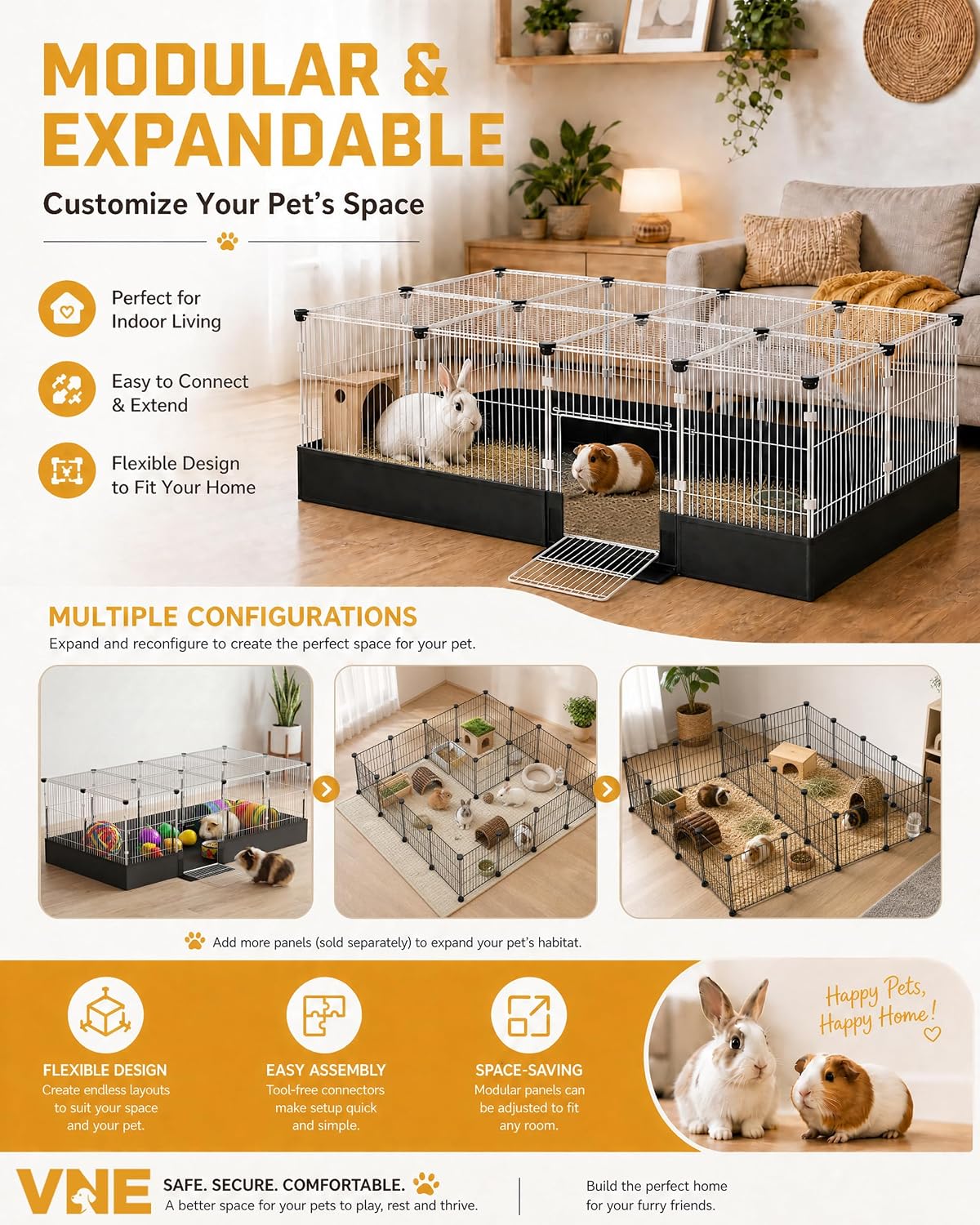 20 Panels Guinea Pig Cages with Waterproof Liner, 48" x 24" x 16" Enclosed Rabbit Cage, Expandable Small Animal Plaype
