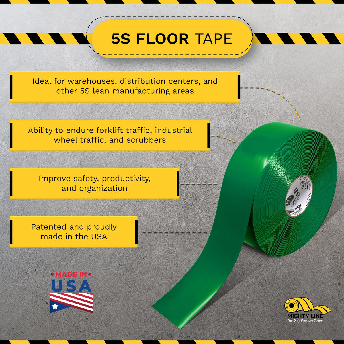 5S Floor Marking Tape, 3 in Wide, 100 ft Roll, Green