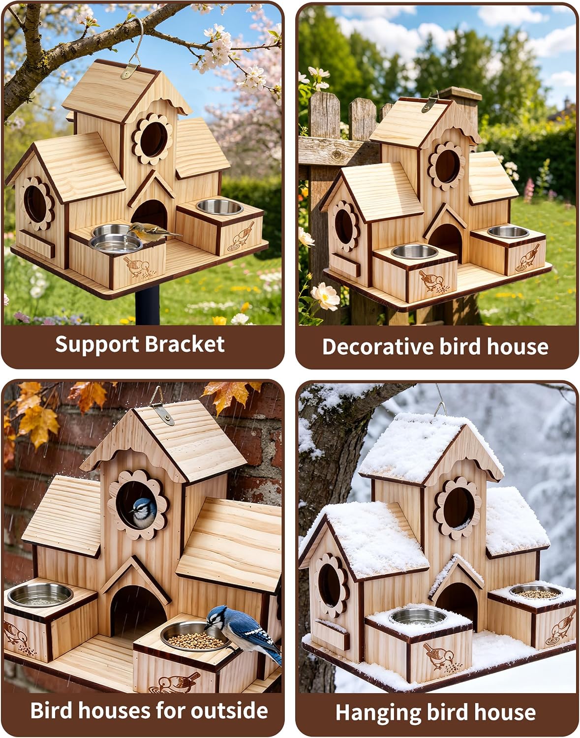 4-Hole Birdhouse for Outside with Feeding Tray, Cedar Wood