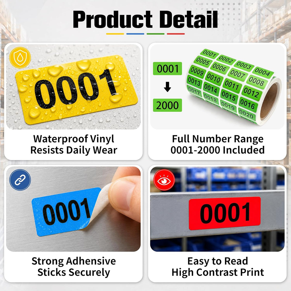 0001-2000 Inventory Number Stickers Labels, 4 Rolls Color-Coded Labels