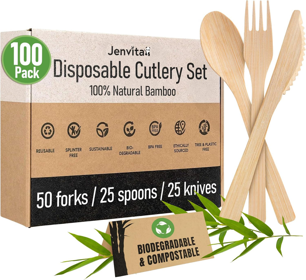 100% Bamboo Utensils Set, 100 Pack, Compostable Cutlery