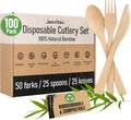 100% Bamboo Utensils Set, 100 Pack, Compostable Cutlery