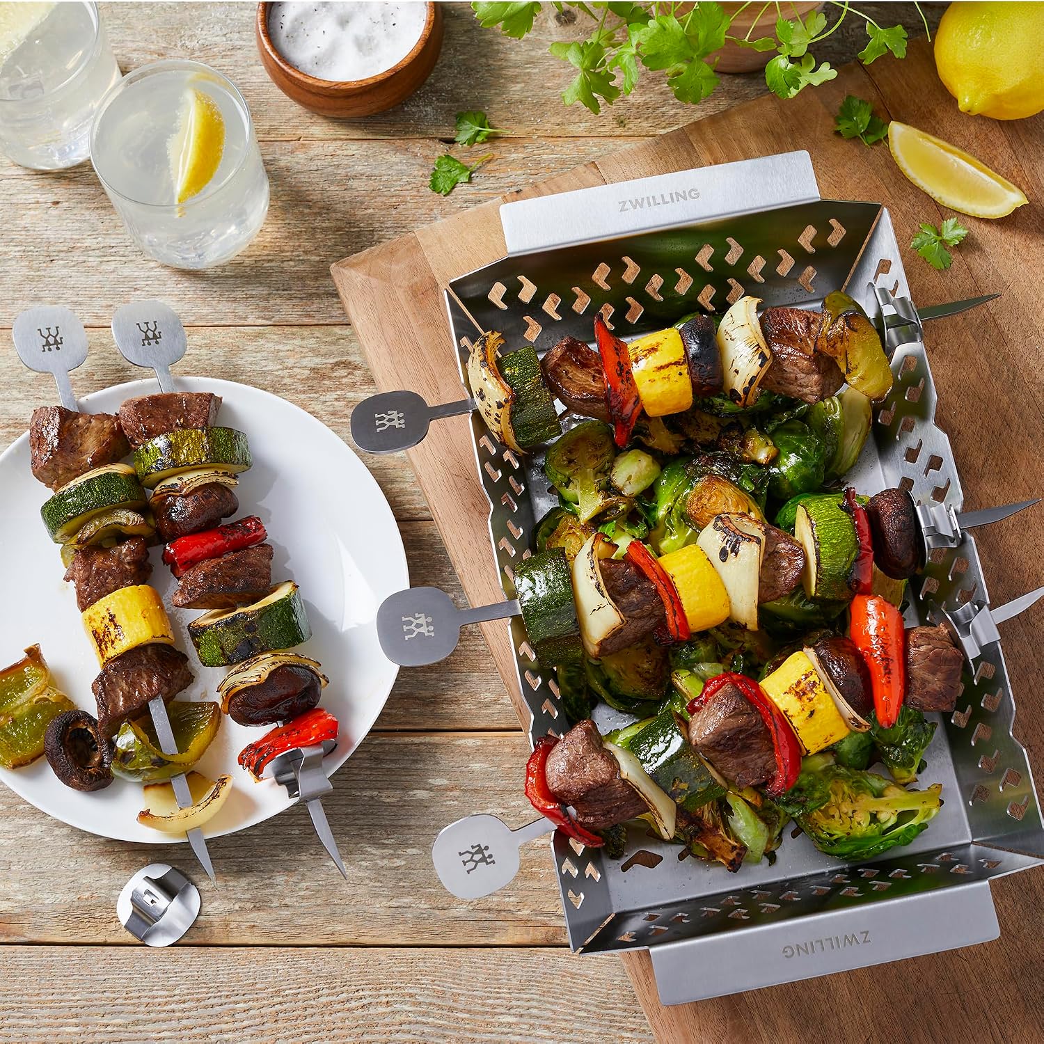 BBQ+ Kabob Skewer and Grill Basket Set, 6-Piece Stainless Steel Grill Kit with 5 Skewers and Medium Basket