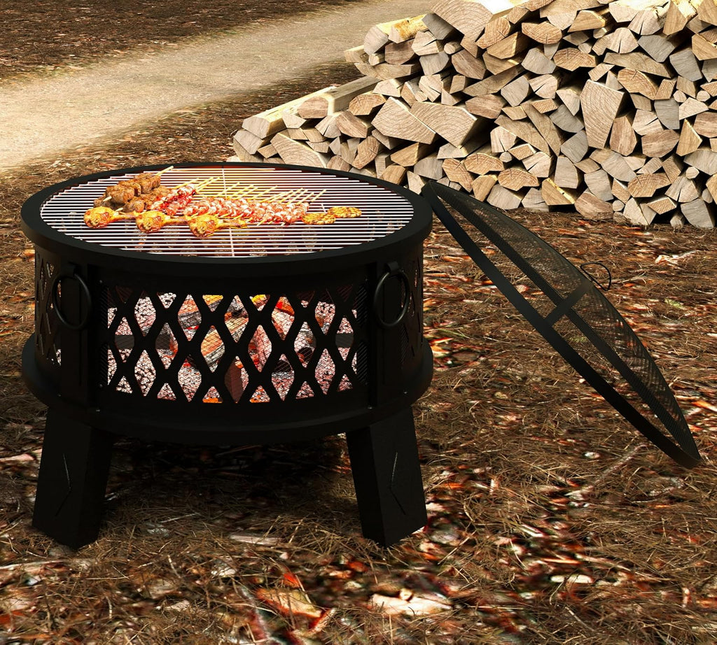 26" Steel Fire Pit with Grill & Diamond Mesh Design,360° Airflow Tech for 80% Less Smoke,XL Flames,Heavy-Duty