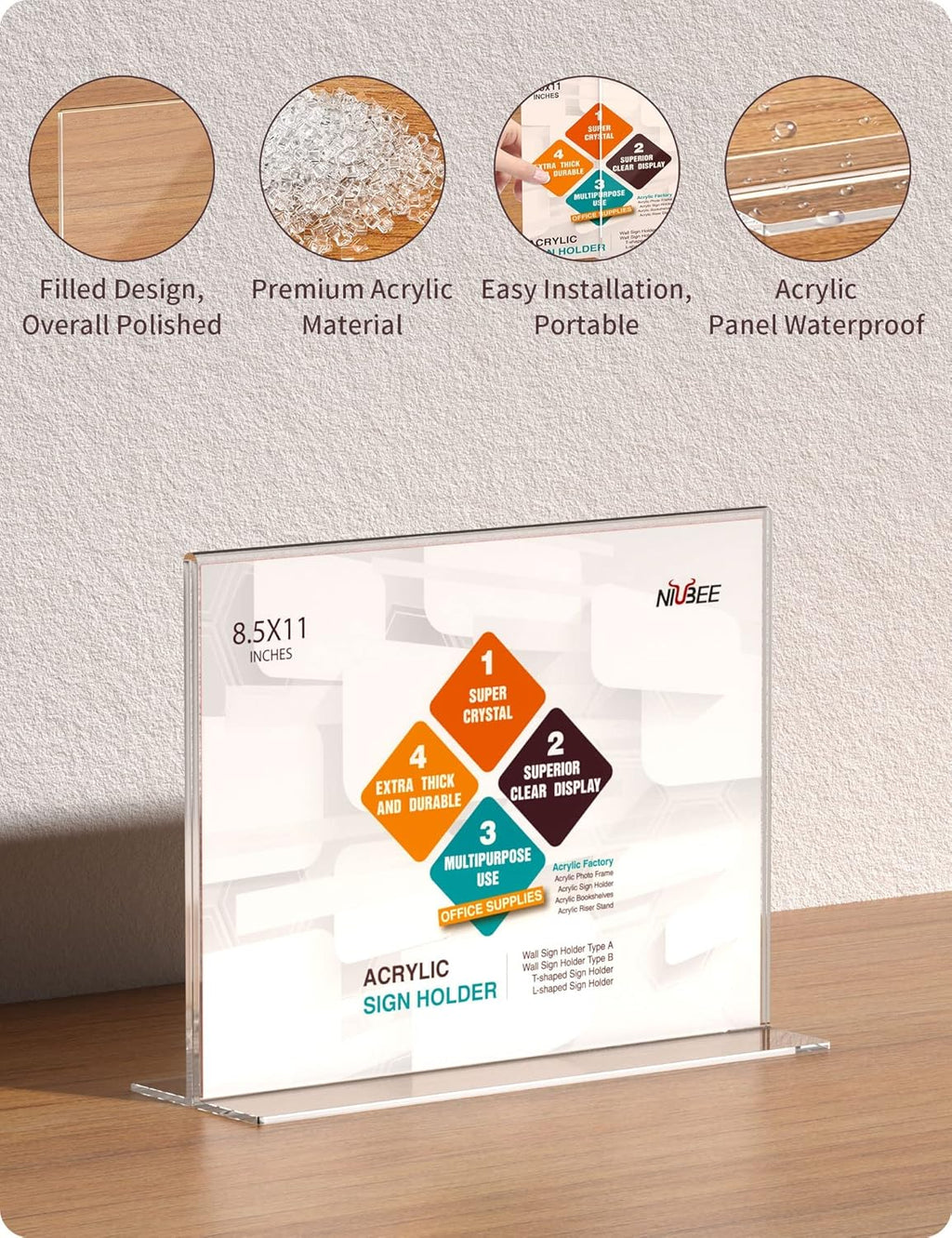 Acrylic Sign Holder 8.5 x 11 Horizontal T-Shape Flyer Stand 3 Pack | Double Sided Clear Frame, Landscape Display
