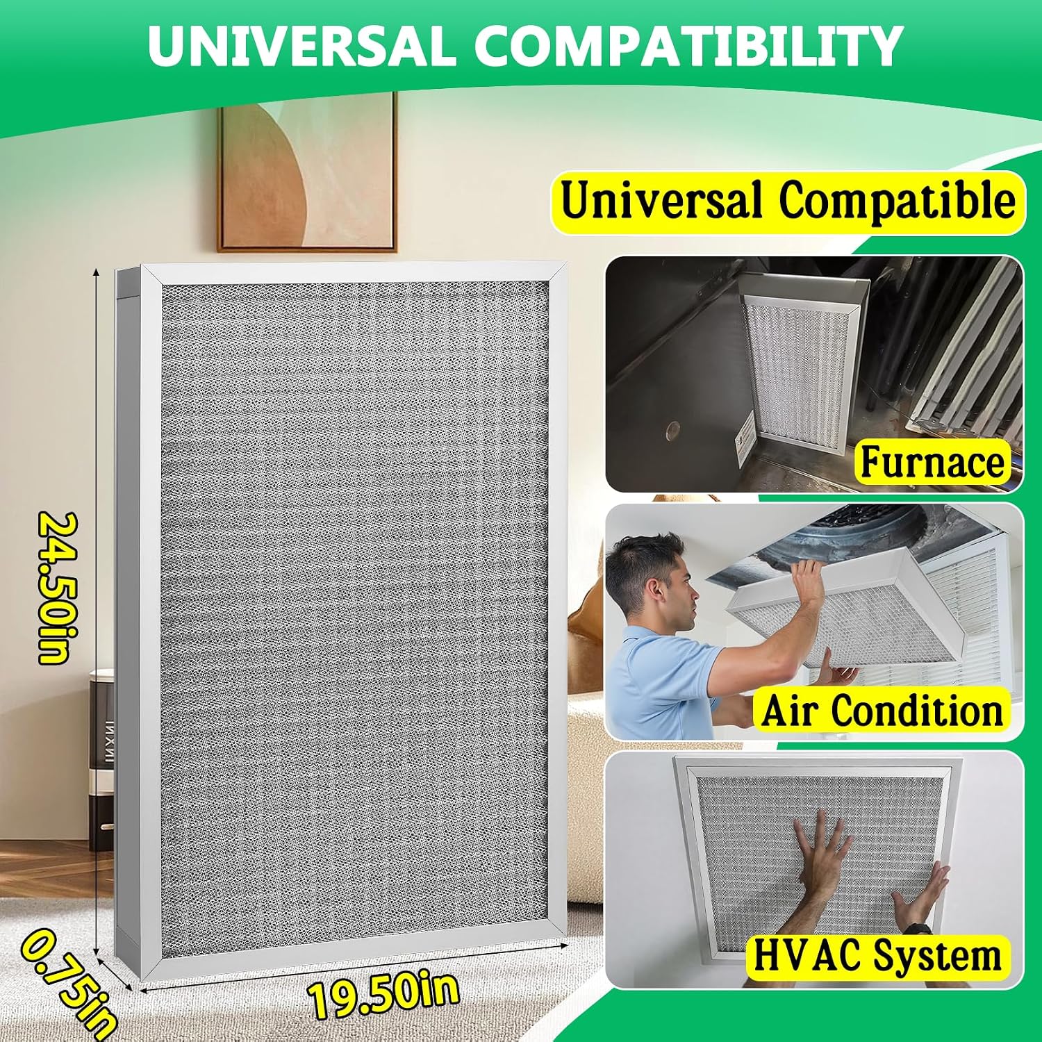 20x25x1 Air Filter MERV-11 | Washable Reusable Furnace Filter| 2-Pack | Electrostatic| Durable Aluminum Alloy
