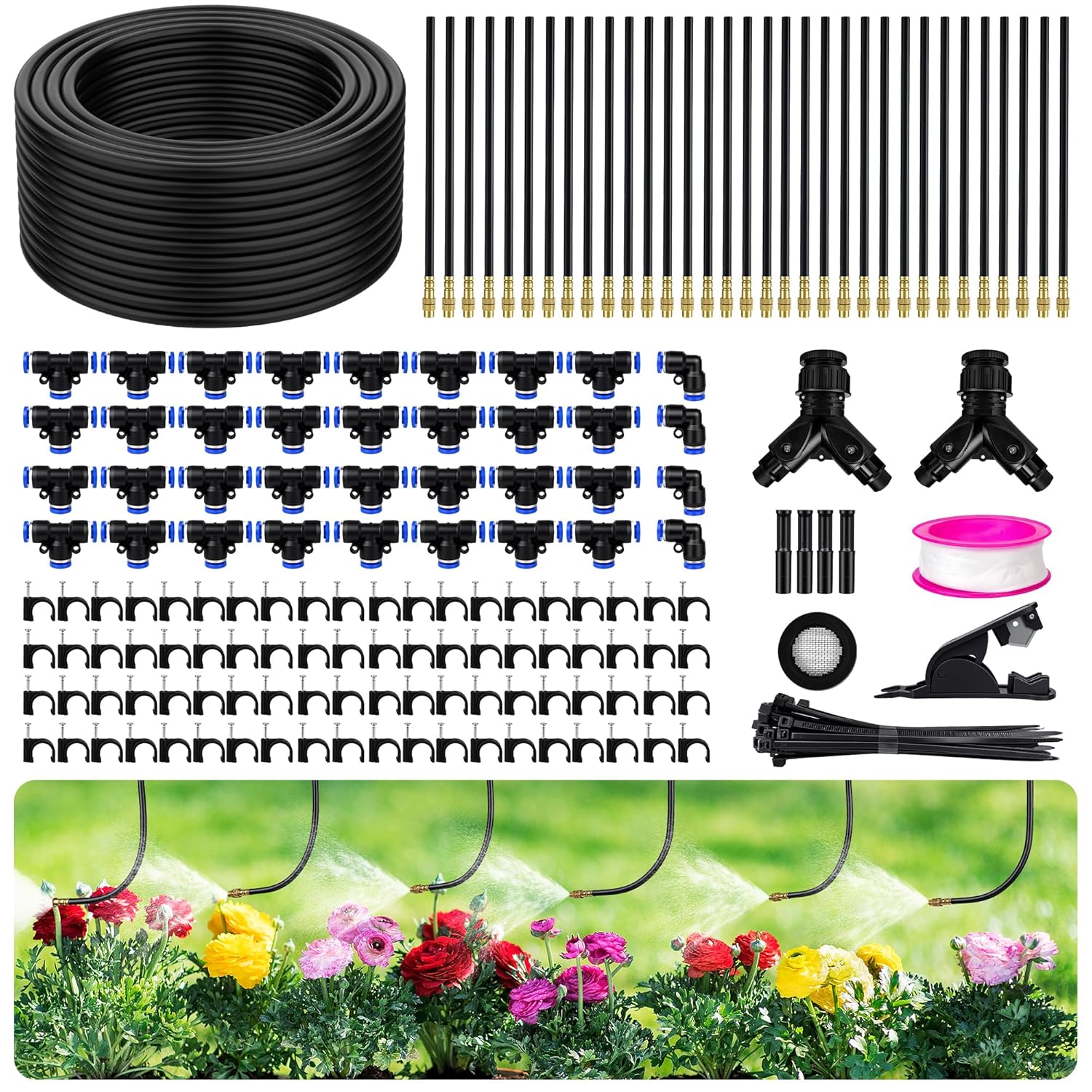 200FT 360° Adjustable Drip Irrigation Kit System for Garden Sprinklers for Yard Garden Watering System with 32