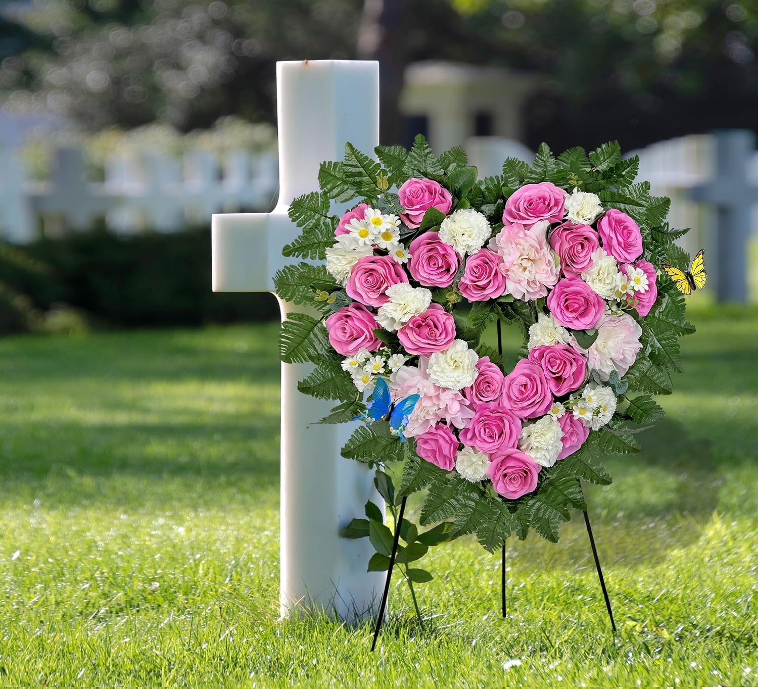 Cemetery Flower Wreaths for Grave Decorations- Elegant Remembrance Standing Heart,Memorial Floral with Easel