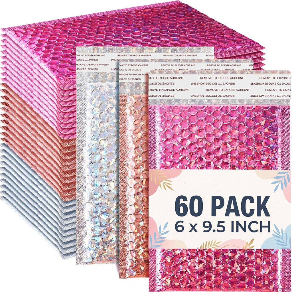 60 Pcs 6 x 9.5 Inch Holographic Bubble Mailers, Usable Size 5" x 8"