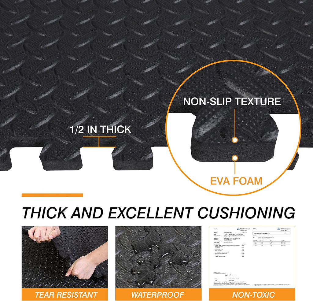 Interlocking Foam Tiles Puzzle Mats for Floor 24 SQ FT, 1/2 inch, 6 Tiles, EVA Gym Mat Flooring Exercise Equipment