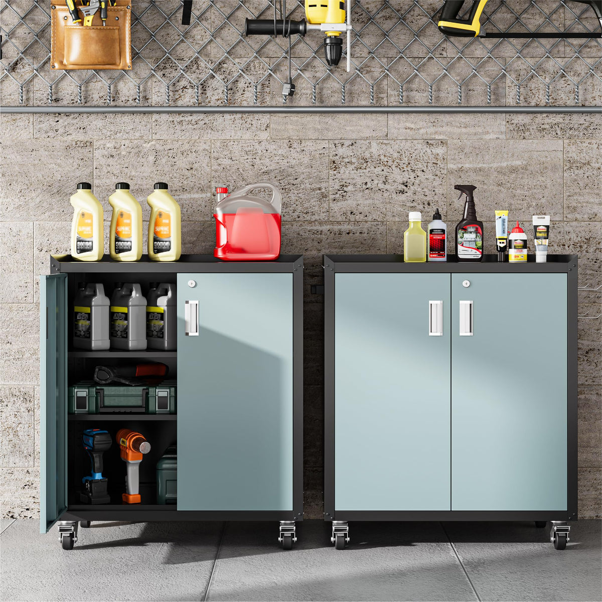 Gray & Black Metal Garage Cabinet with Wheels, Lockable 2-Door