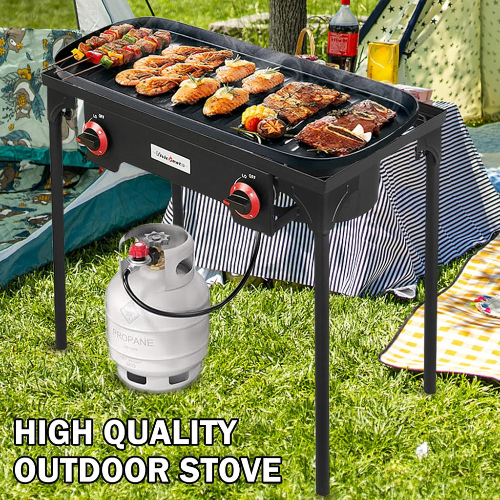Propane Grill 2 Burner Outdoor Propane Stove Portable Gas Grill High Pressure Camping Stove Double Burner Cooker for