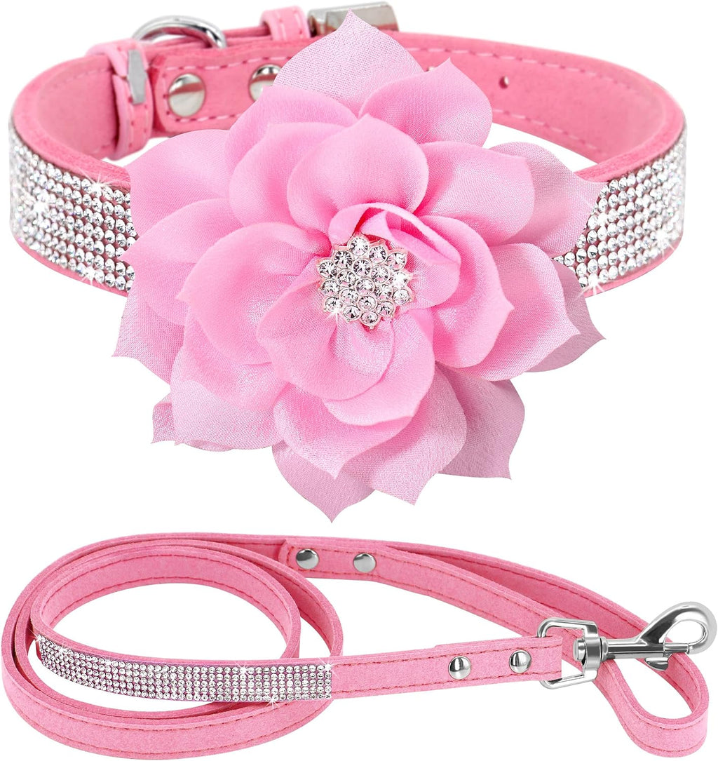 Rhinestone Dog Collar and Leash Set, Sparkling Girl Dog Collars with Bling Diamonds, Soft Suede Leather Pink Puppy