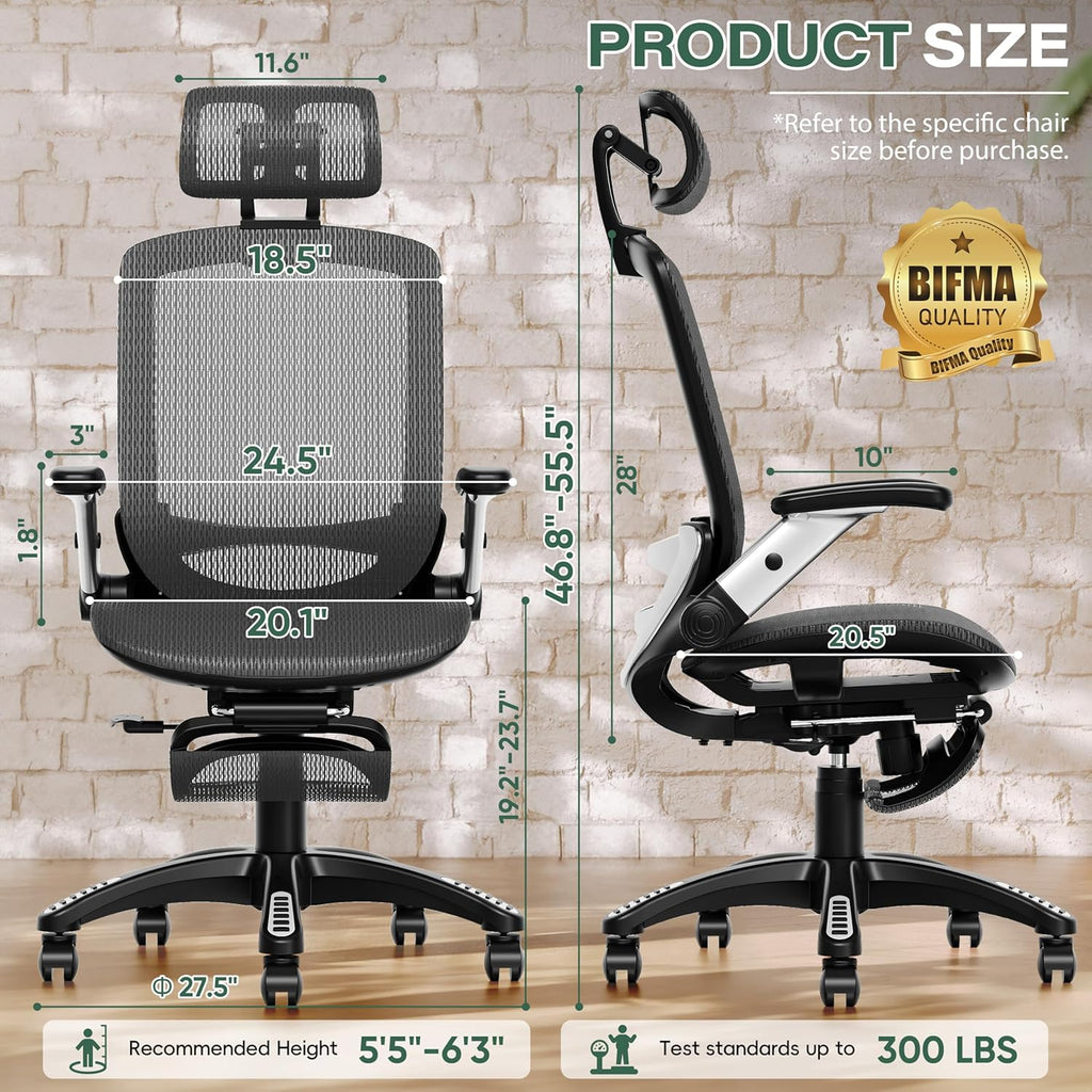Ergonomic Office Chair with Footrest, High Back Home Desk Chair - 3D Headrest, Flip-Up Arms, 135° Tilt and Wide