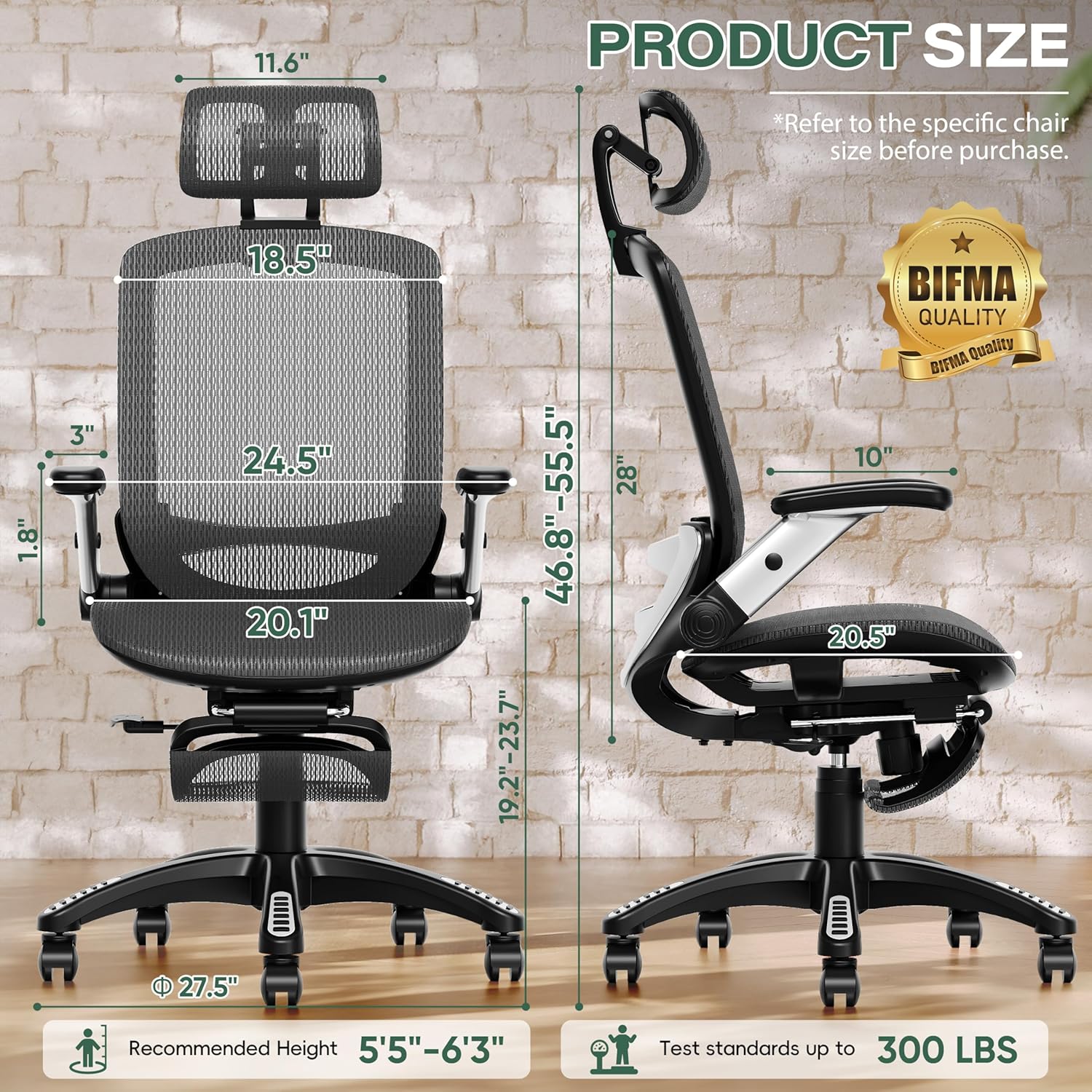 Ergonomic Office Chair with Footrest, High Back Home Desk Chair - 3D Headrest, Flip-Up Arms, 135° Tilt and Wide