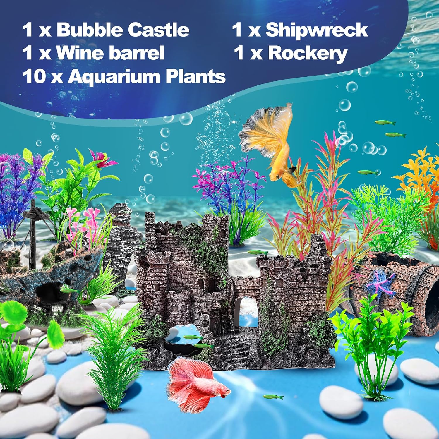 14 Pcs Aquarium Decorations Large Kit，Castle Fish Tank Bubbler Decorations，Starfish Barrel, Resin Cave Rock,Resin