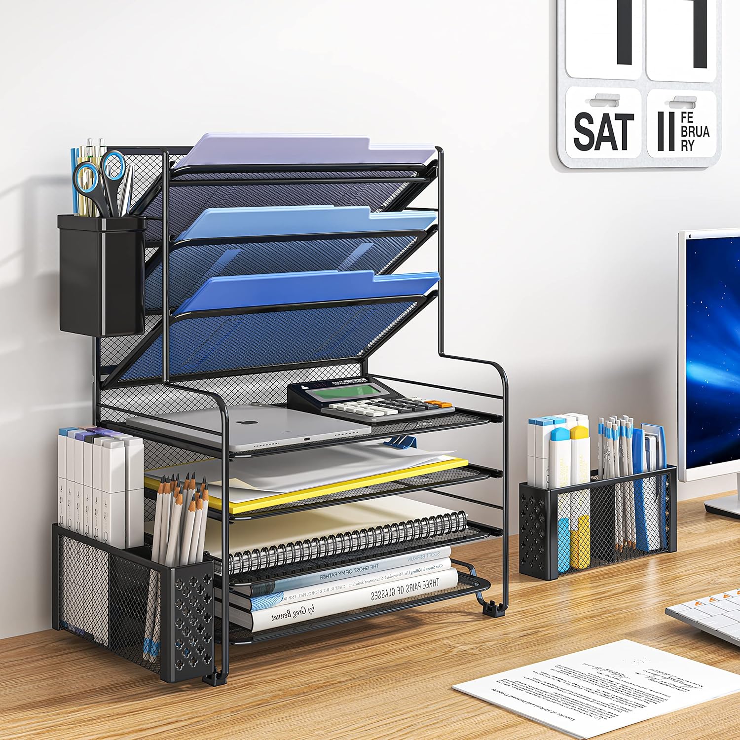7 Tier Desk File Organizer, Letter Tray Paper Organizer with Pen Holder and Metal Hanging Basket, Black