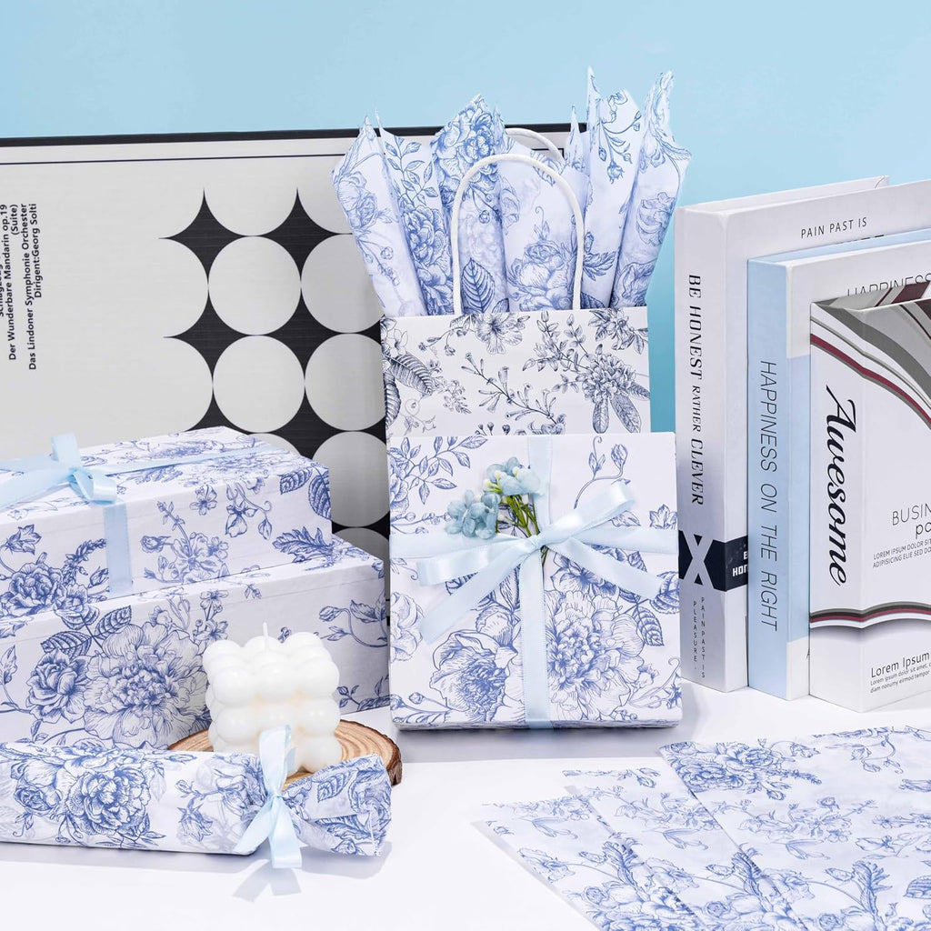 Floral Tissue Paper Bulk, Vintage Blue & White Flower Tissue Paper for Gift Bags, Wrapping, Crafts, Decoupage Art