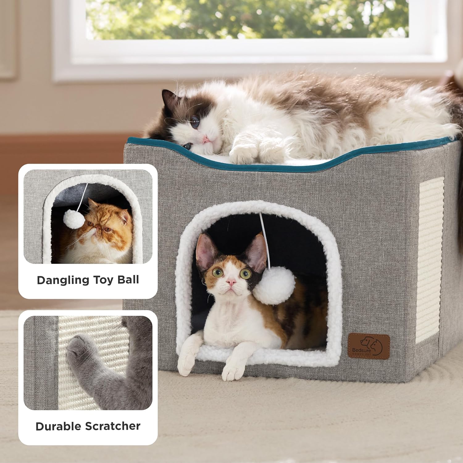 Cat Beds for Indoor Cats - Large Cat Cave for Pet Cat House with Fluffy Ball Hanging and Scratch Pad, Foldable Cat