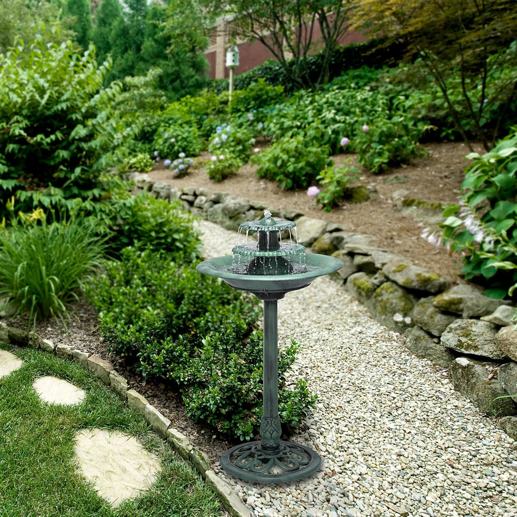 35" Tall 3-Tier Outdoor Pedestal Water Fountain – Durable Resin Cascading Water Feature and Birdbath for Garden