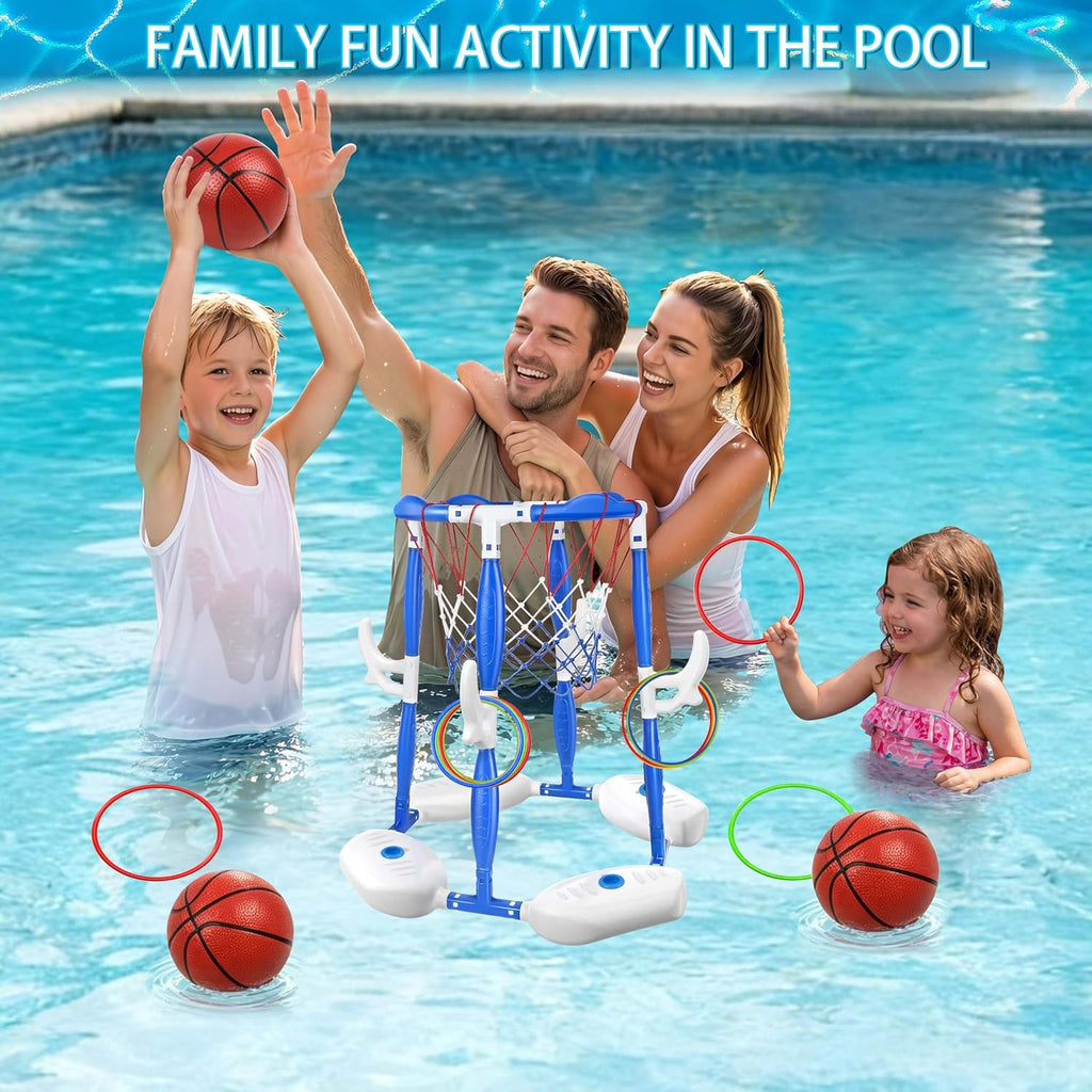 Pool Basketball Hoop, 2-in-1 Floating Basketball Hoop & Ring Games with 4 Balls 12 Rings and Pump, Outdoor Family