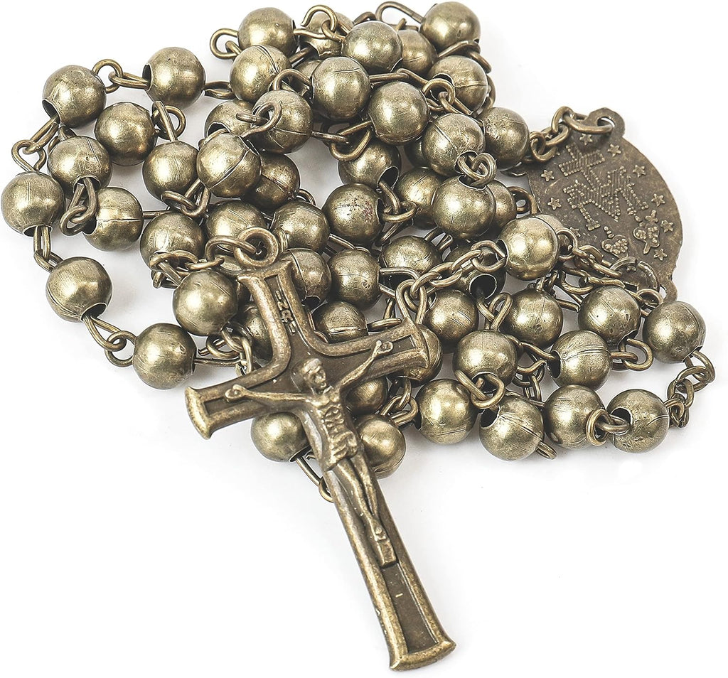 Nazareth Store WWII Combat Design Bronze Rosary Beads Handmade Metal Beaded Men Necklace Miraculous Medal with Jesus