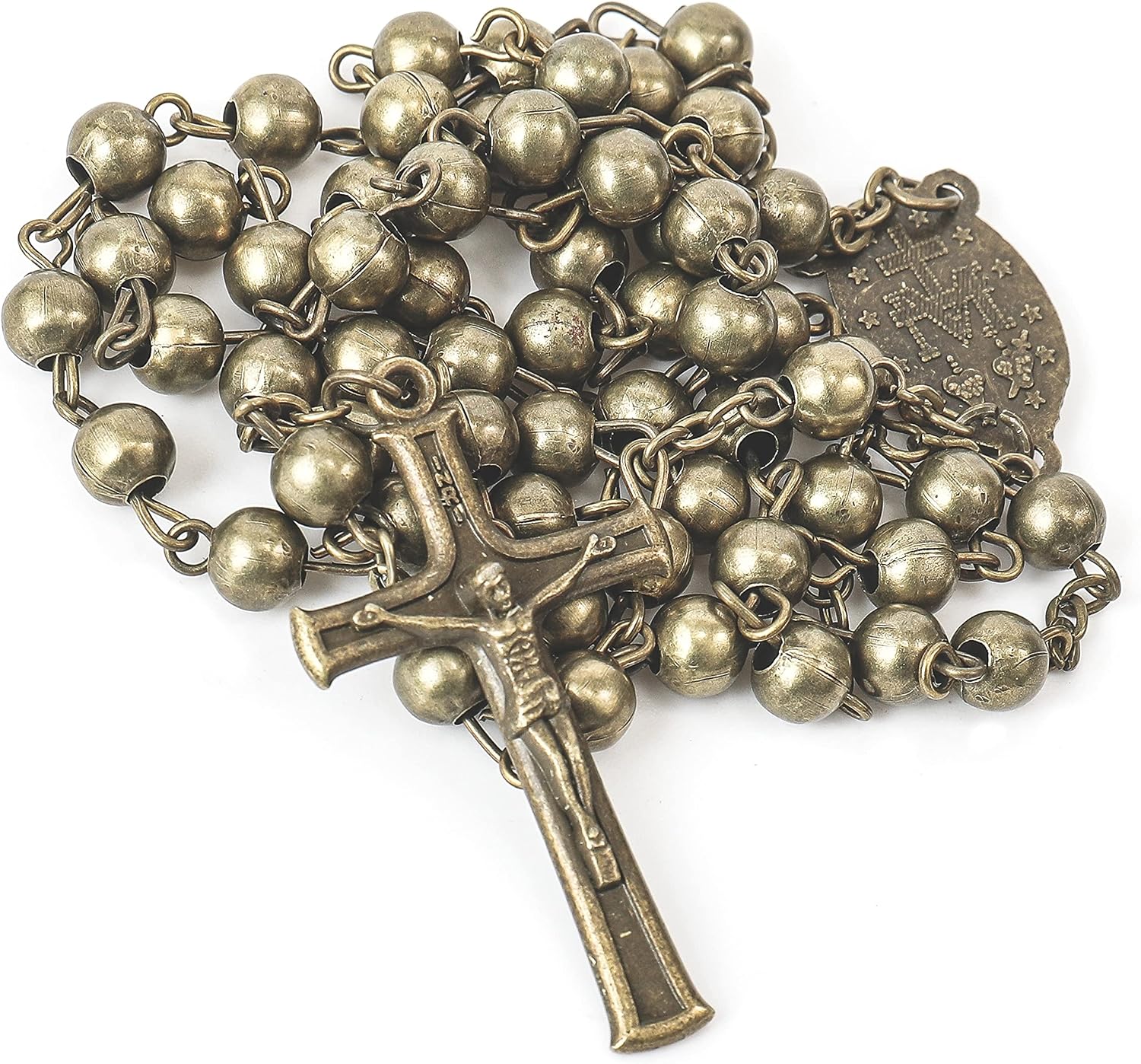Nazareth Store WWII Combat Design Bronze Rosary Beads Handmade Metal Beaded Men Necklace Miraculous Medal with Jesus