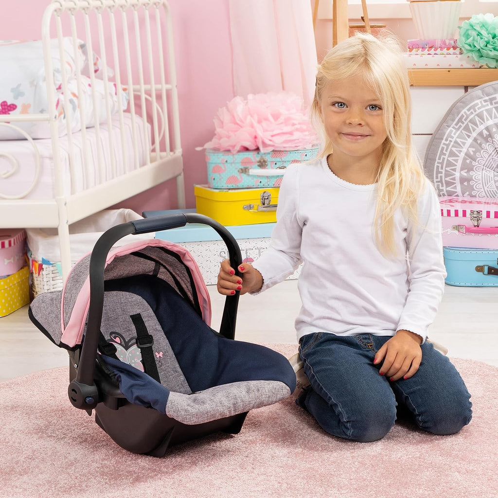 Design Dolls: Car Seat - Grey, Blue, Pink Butterfly - Fits Dolls Up to 18' Kids Pretend Play, Safety Belt, Sun