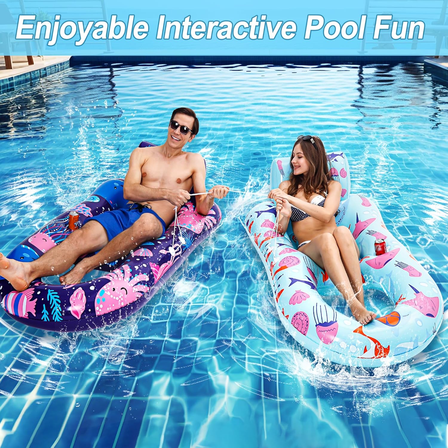2 Pack Pool Floats Adult, Inflatable Pool Lounger Float Heavy Duty with Cup Holder, Backrest & Footrest Pool Lounge