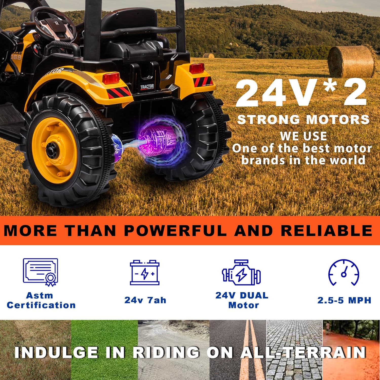 24V Ride on Tractor with Front Loader, Ride On Excavator with 24volt Dual Motors 4-Gearbox Metal Frame Kids Electric