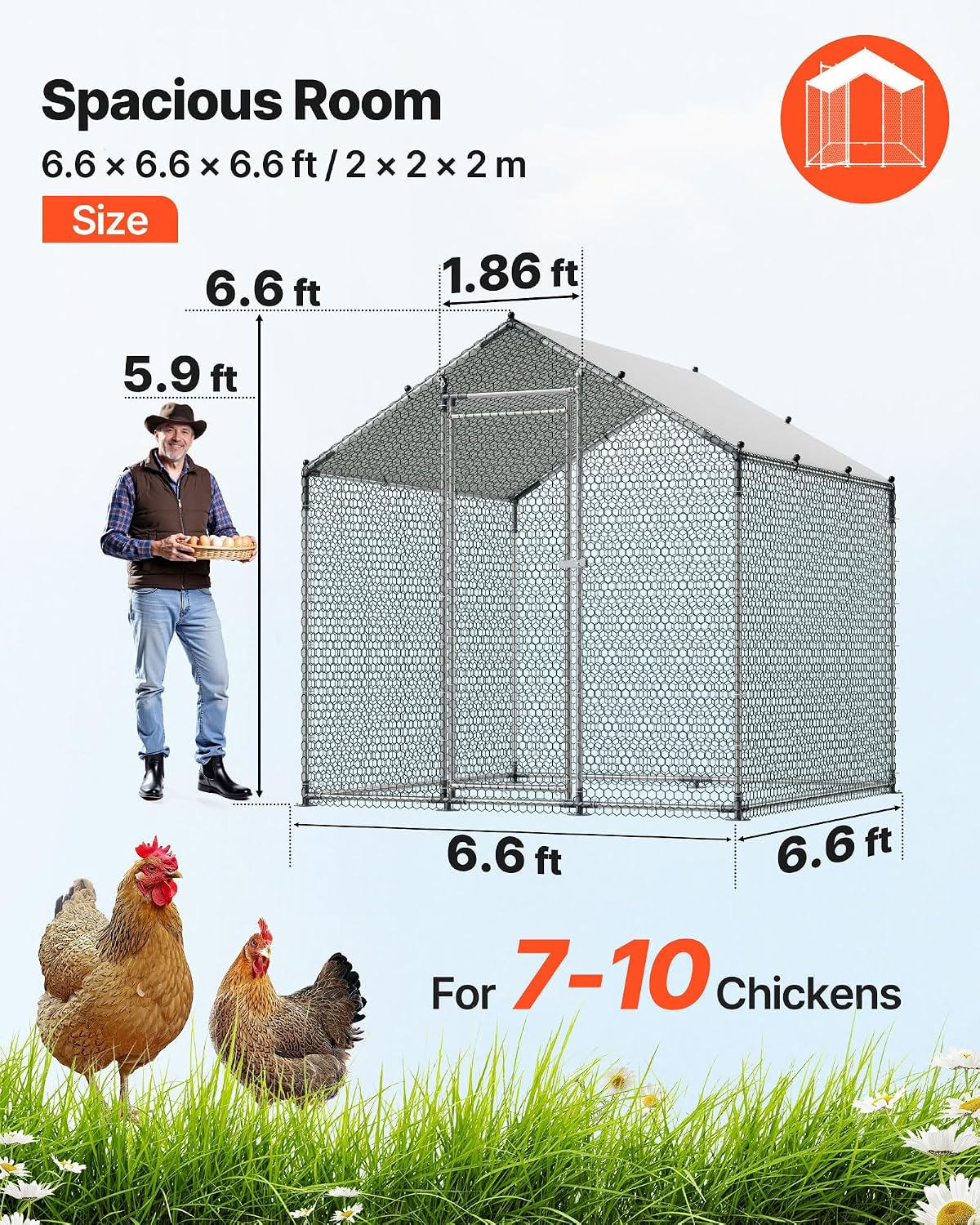 Metal Chicken Coop, 6.56x6.56x6.56ft Large Walk-in Chicken Run with Cover, Spire Roof Hen House Enclosure with