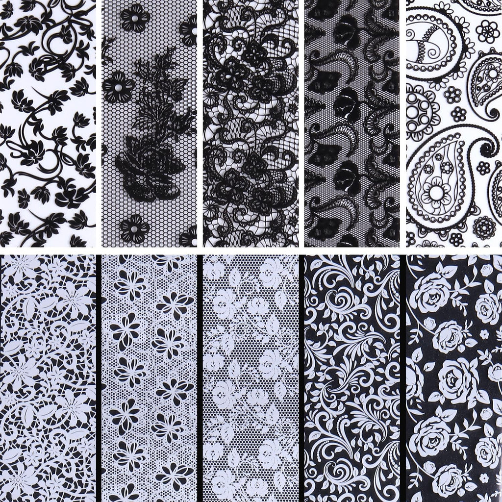10 Rolls Lace Nail Foil White and Black Nail Transfer Foil Stickers