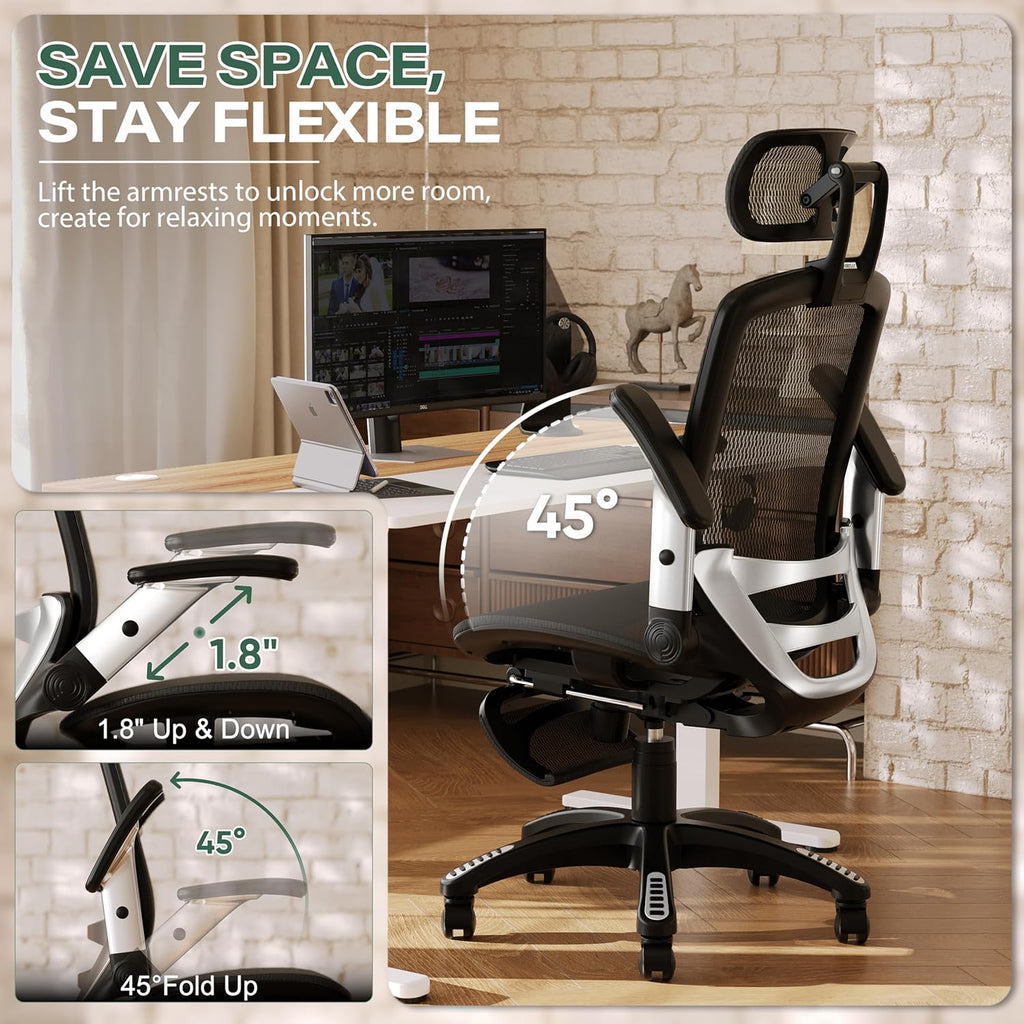 Ergonomic Office Chair with Footrest, High Back Home Desk Chair - 3D Headrest, Flip-Up Arms, 135° Tilt and Wide