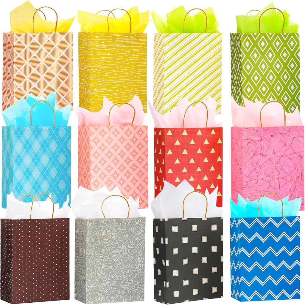 12 Pack 13" Kraft Paper Large Gift Bags with Tissue Paper