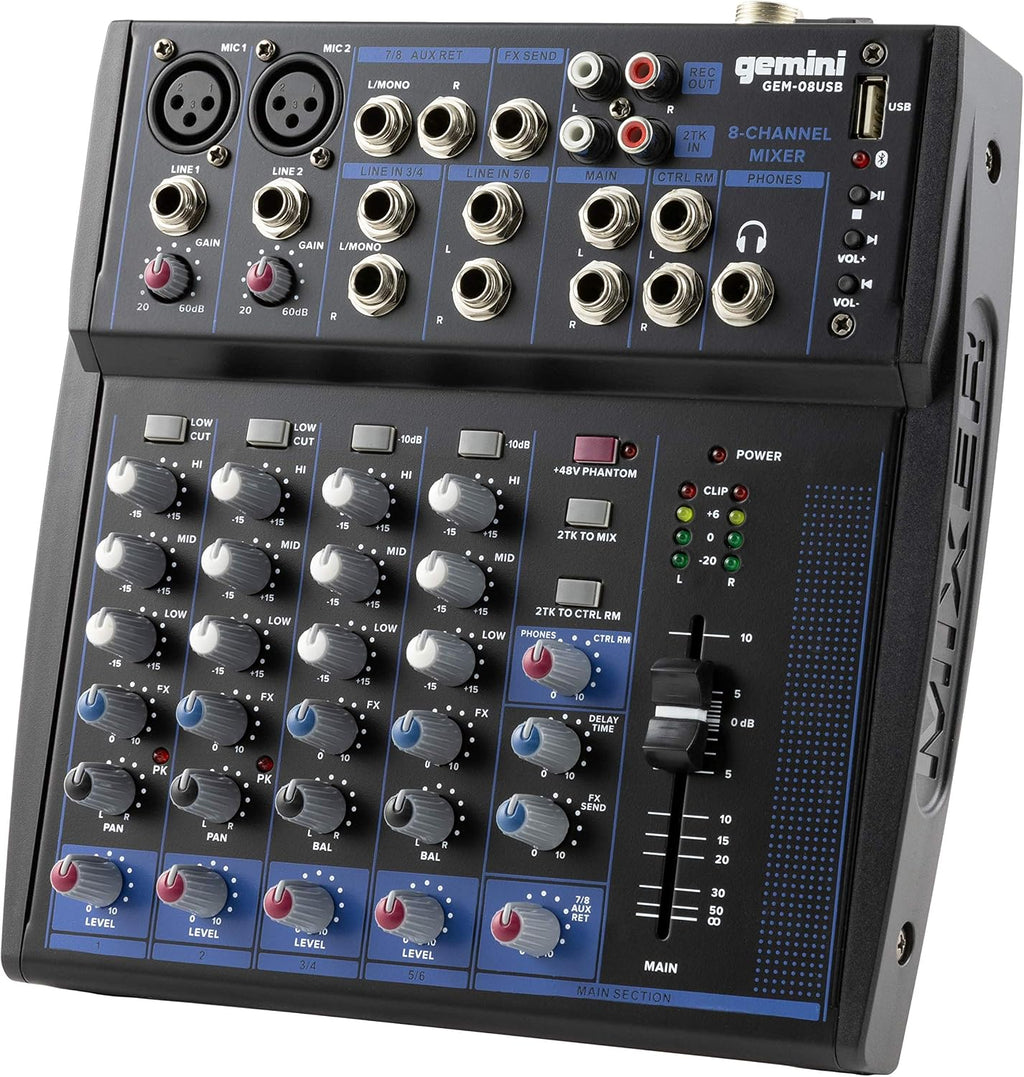 8-Channel Bluetooth Audio Mixer with USB & FX (GEM-08USB) | 8-channel Bluetooth mixer with USB & FX - dual XLR