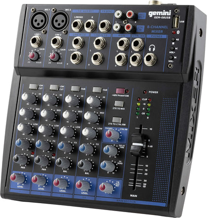 8-Channel Bluetooth Audio Mixer with USB & FX (GEM-08USB) | 8-channel Bluetooth mixer with USB & FX - dual XLR