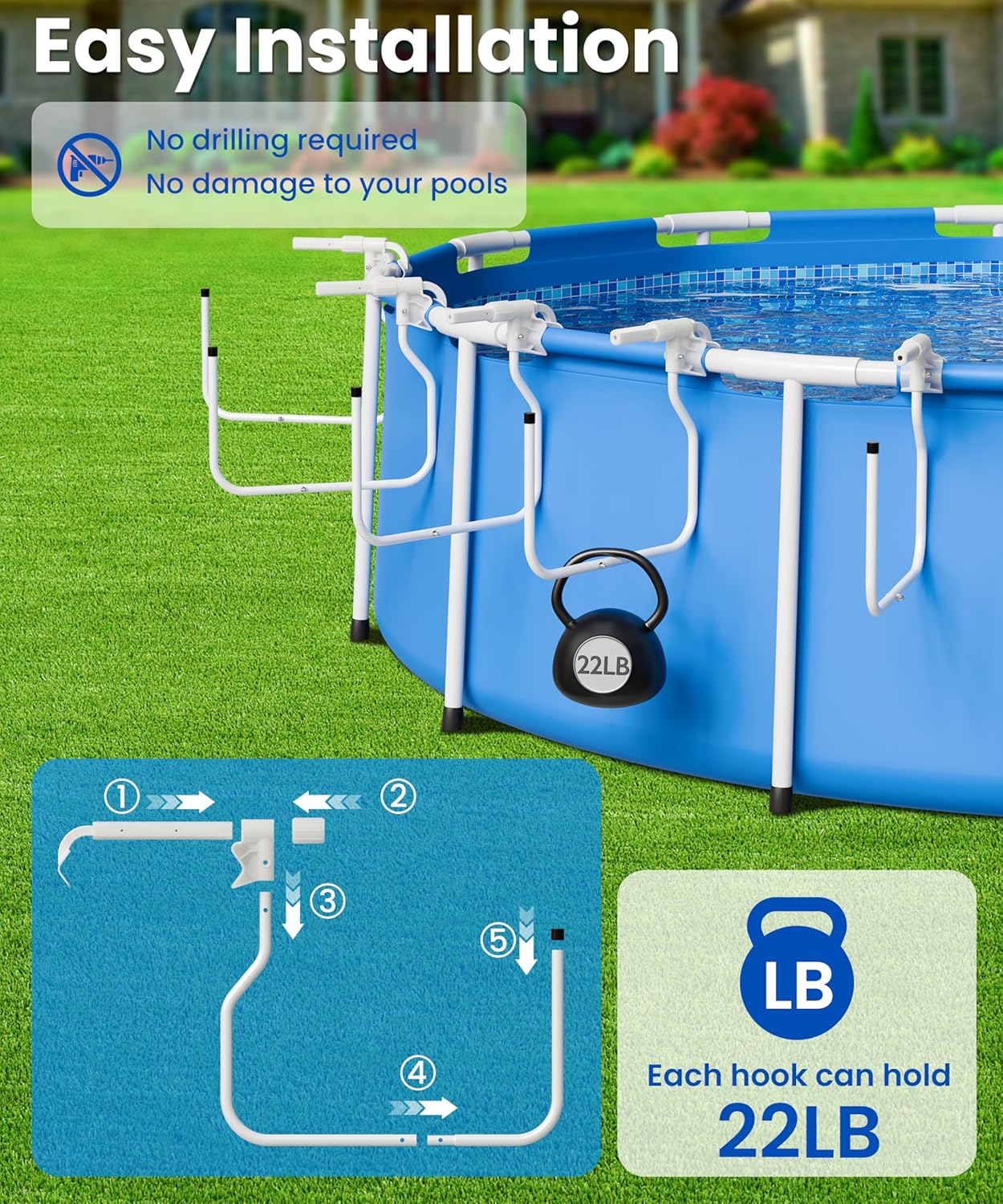 Upgraded 5-Pack Solar Cover Holder for Above Ground Pool, Adjustable Solar Pool Cover Holder, Suitable for Steel Wall