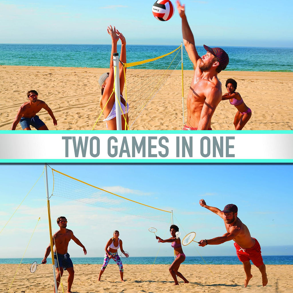Volleyball + Badminton Combo Sets - Backyard + Beach Outdoor Volleyball + Badminton Net Set - Portable Badminton +