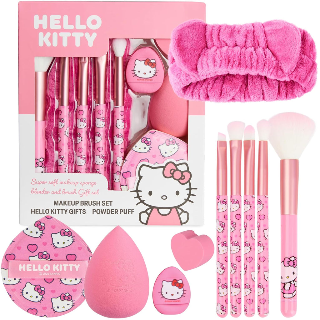 Hello Kitty Sanrio Makeup Brush Sponge Set for Girls, Teens with Headband Powder Puffs Soft Brushes Beauty Sponges